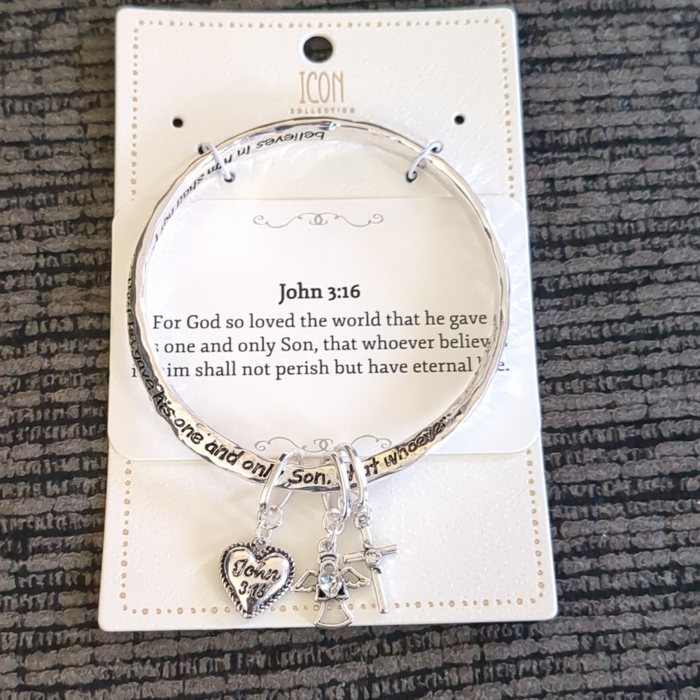 John 3:16 Message Heart Angel Cross Charm Bangle Bracelet